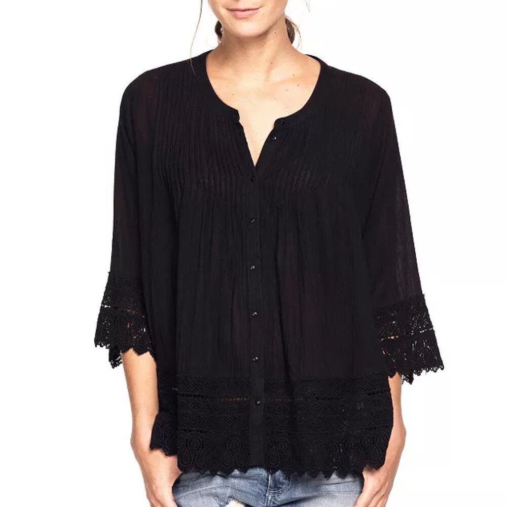 ELLOS Black ¾ Sleeve Crochet Trim Pintucked Blouse (Size 1X – 22/24)